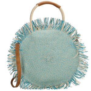 PE FLORENCE runde Strohtasche im IBIZALOOK türkis & natur Strandtasche Umhängetasche