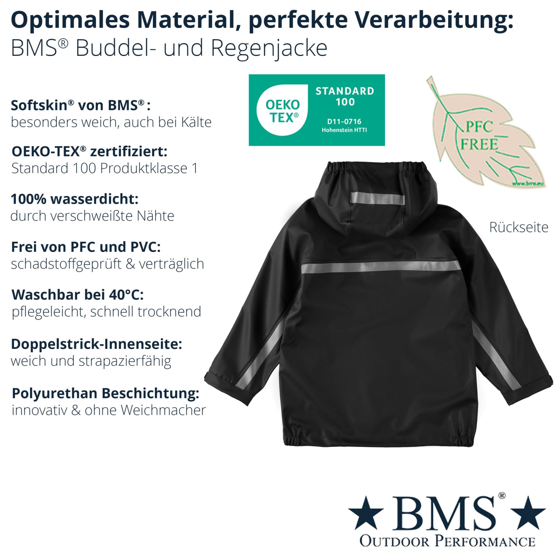 BMS Kinder Regenjacke schwarz Matschjacke 100% wasserdicht Buddeljacke SALE – Bild 8