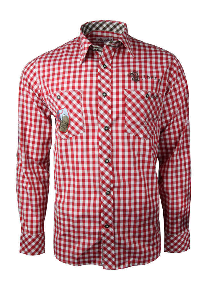 Fuchs Herren Trachtenhemd slimfit rot braun mit Sticker